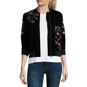 a.n.a. Womens Velvet Jacket Size M Black Full Zip Pockets Rose Embroidery Lined